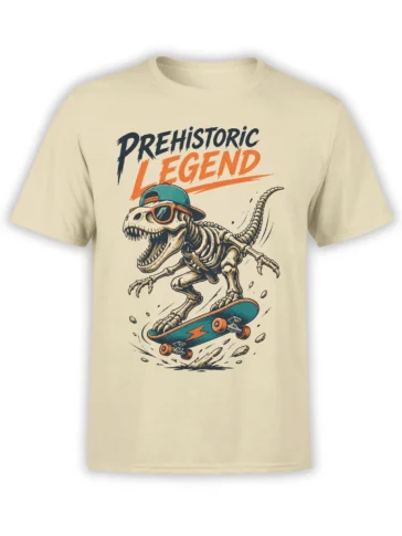 Beige T-shirt with a skeleton dinosaur in sunglasses riding a teal skateboard under Prehistoric Legend text