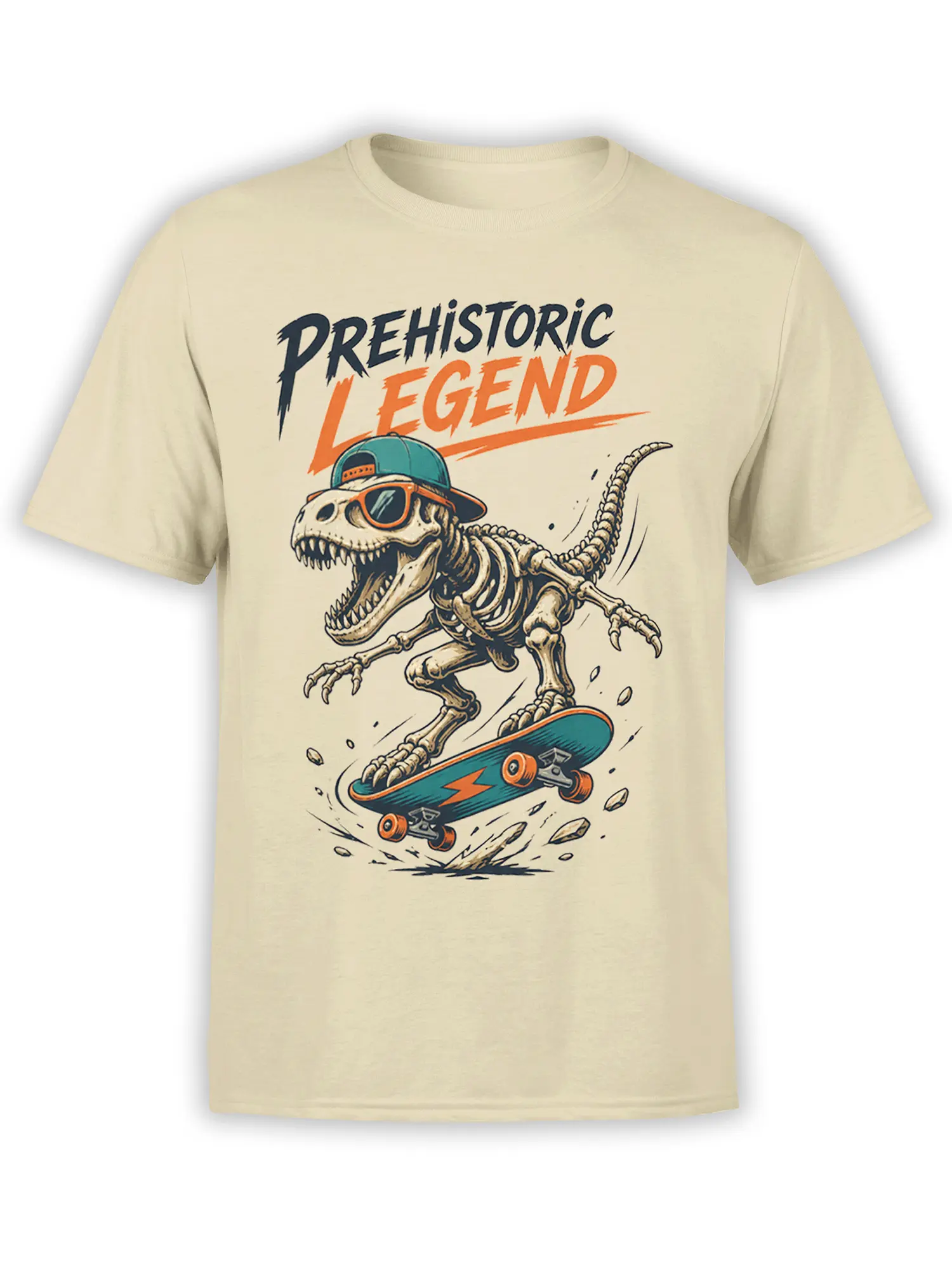 Beige T-shirt with a skeleton dinosaur in sunglasses riding a teal skateboard under Prehistoric Legend text