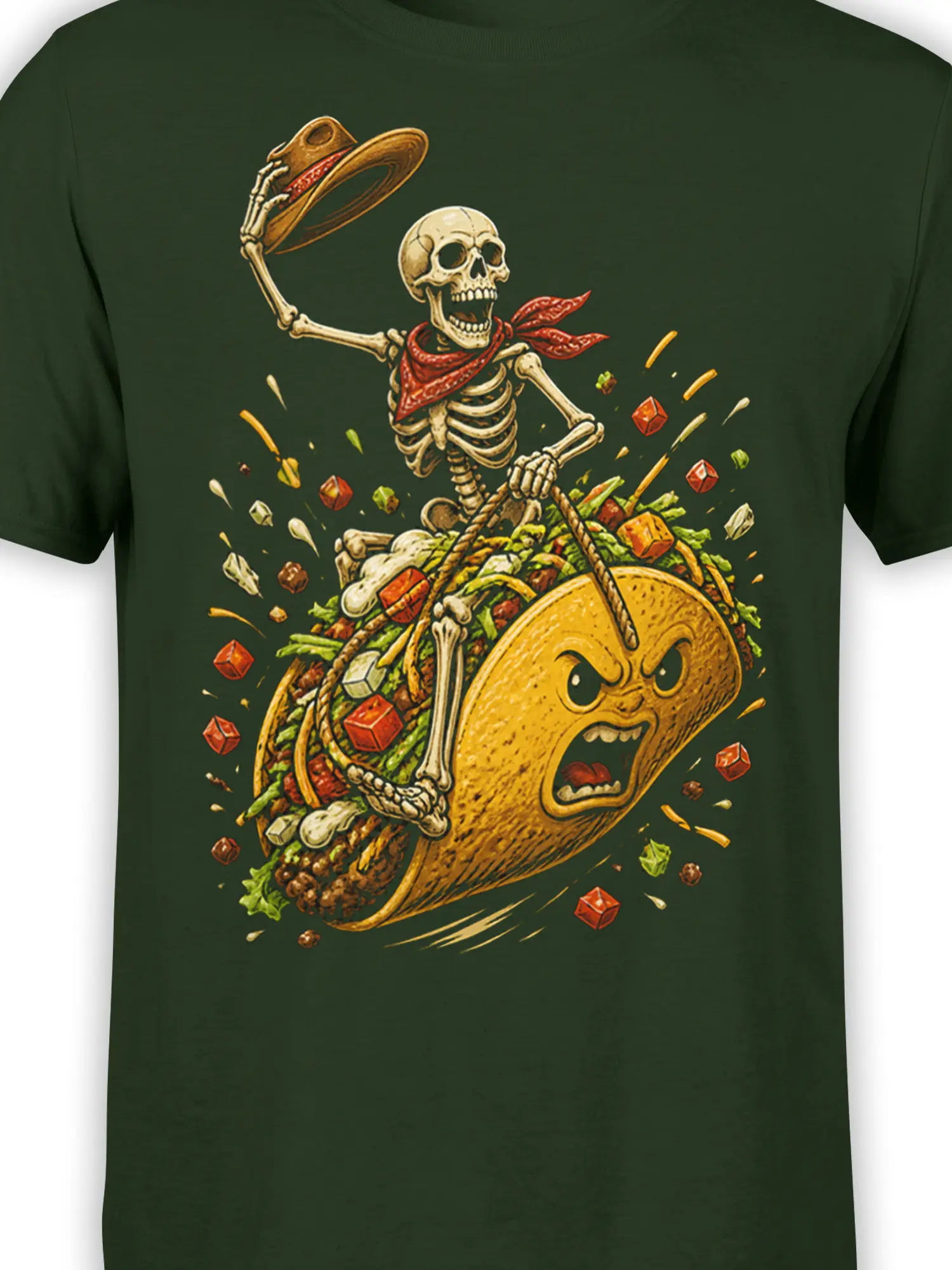 Close-up of skeleton cowboy and angry taco artwork on a dark green T-shirt