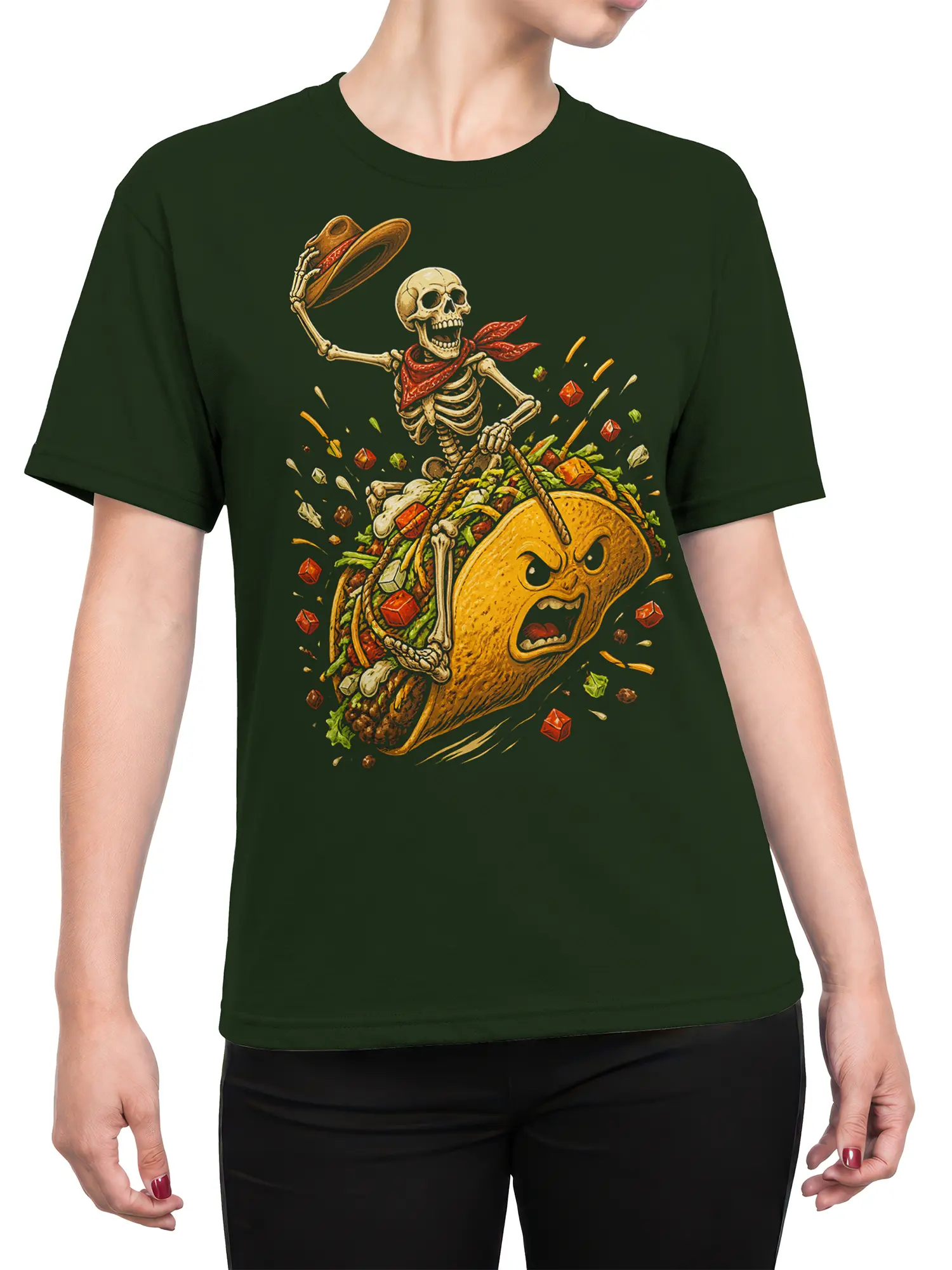 Female torso wearing a dark green skeleton cowboy taco graphic T-shirt