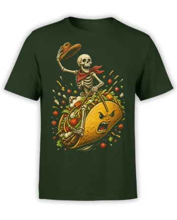 Skeleton cowboy riding an angry taco with colorful fillings on a dark green T-shirt