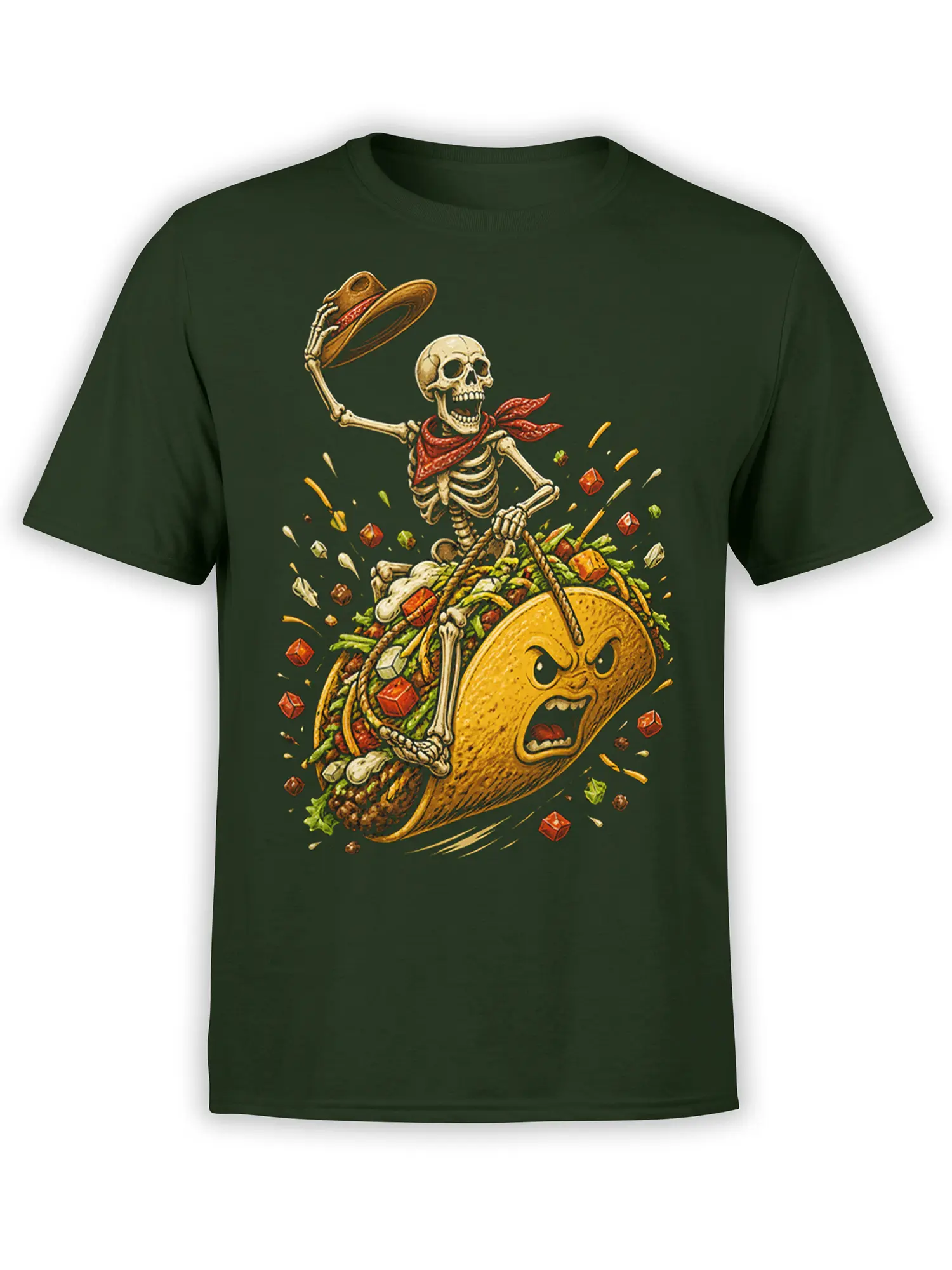 Skeleton cowboy riding an angry taco with colorful fillings on a dark green T-shirt