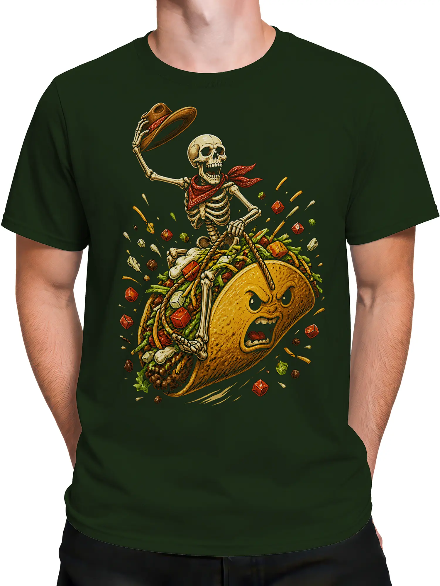 Male torso wearing a dark green skeleton cowboy taco graphic T-shirt