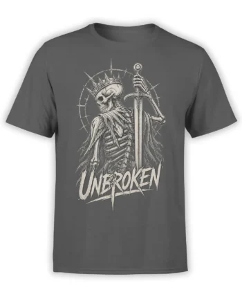 Gray T-shirt with a crowned skeleton holding a sword above distressed UNBROKEN lettering