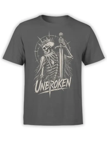 Gray T-shirt with a crowned skeleton holding a sword above distressed UNBROKEN lettering