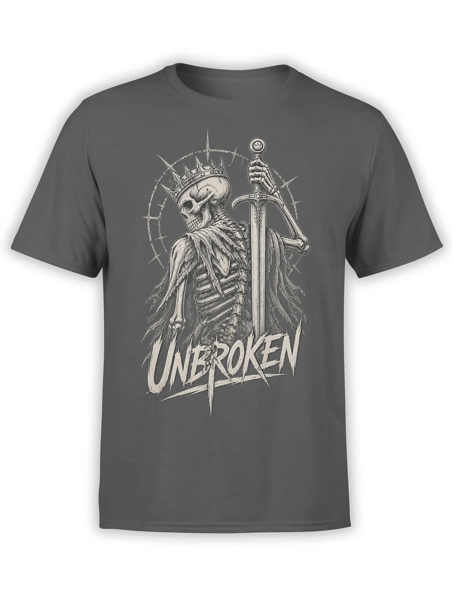 Gray T-shirt with a crowned skeleton holding a sword above distressed UNBROKEN lettering