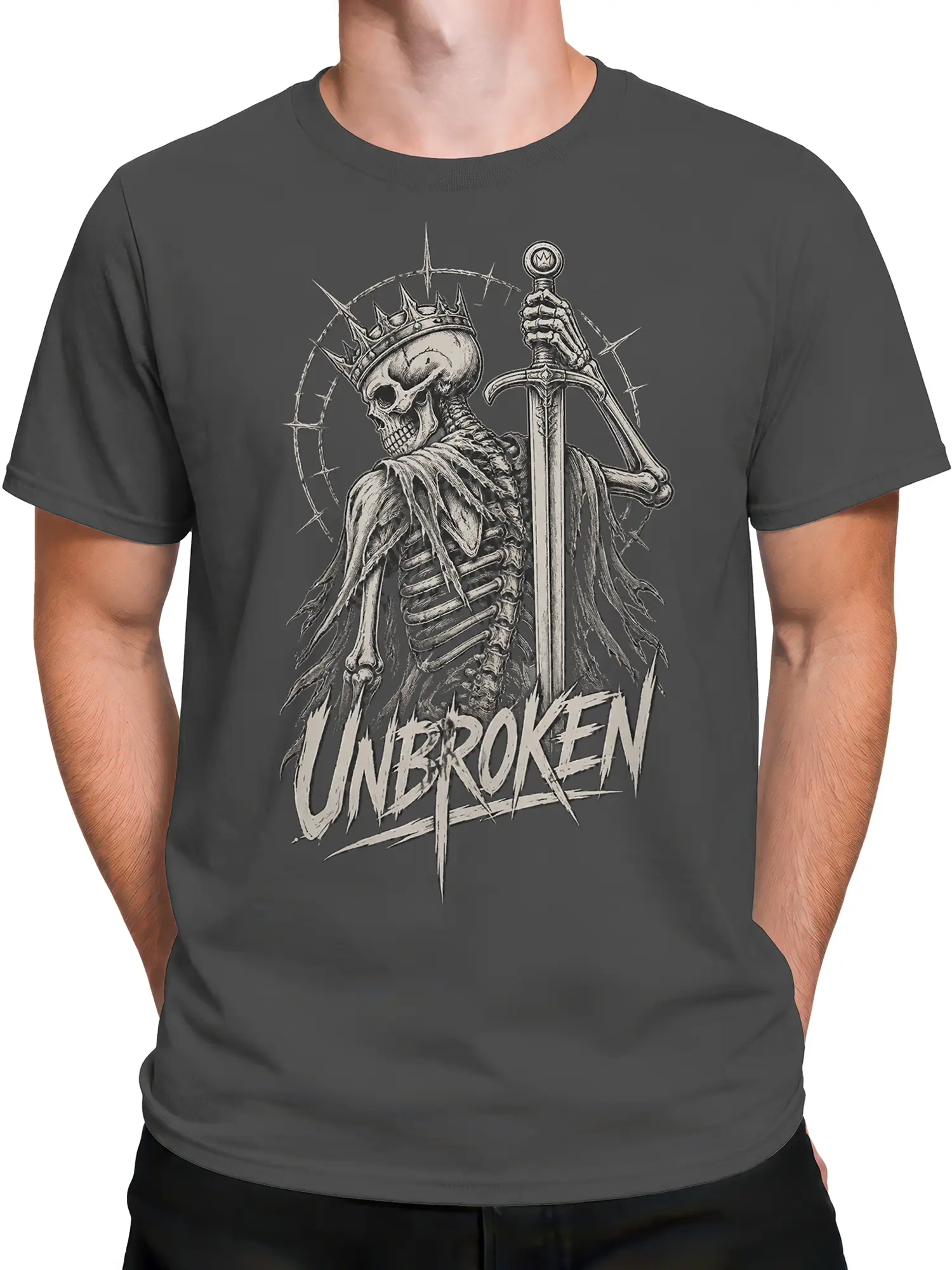 Male torso wearing a gray crowned skeleton sword graphic T-shirt