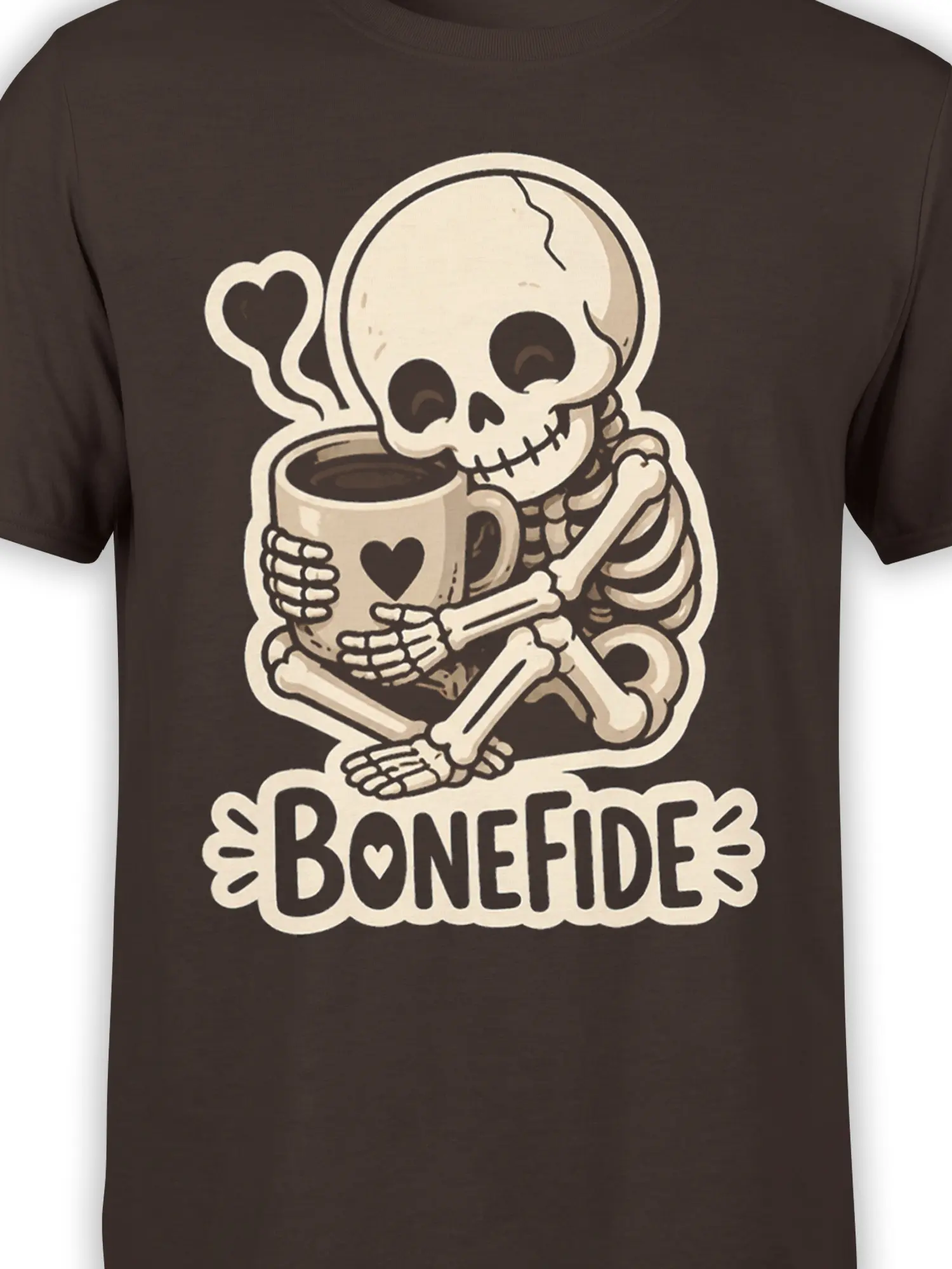 Close-up of skeleton coffee artwork, heart details, mug, and Bonefide text on a brown T-shirt