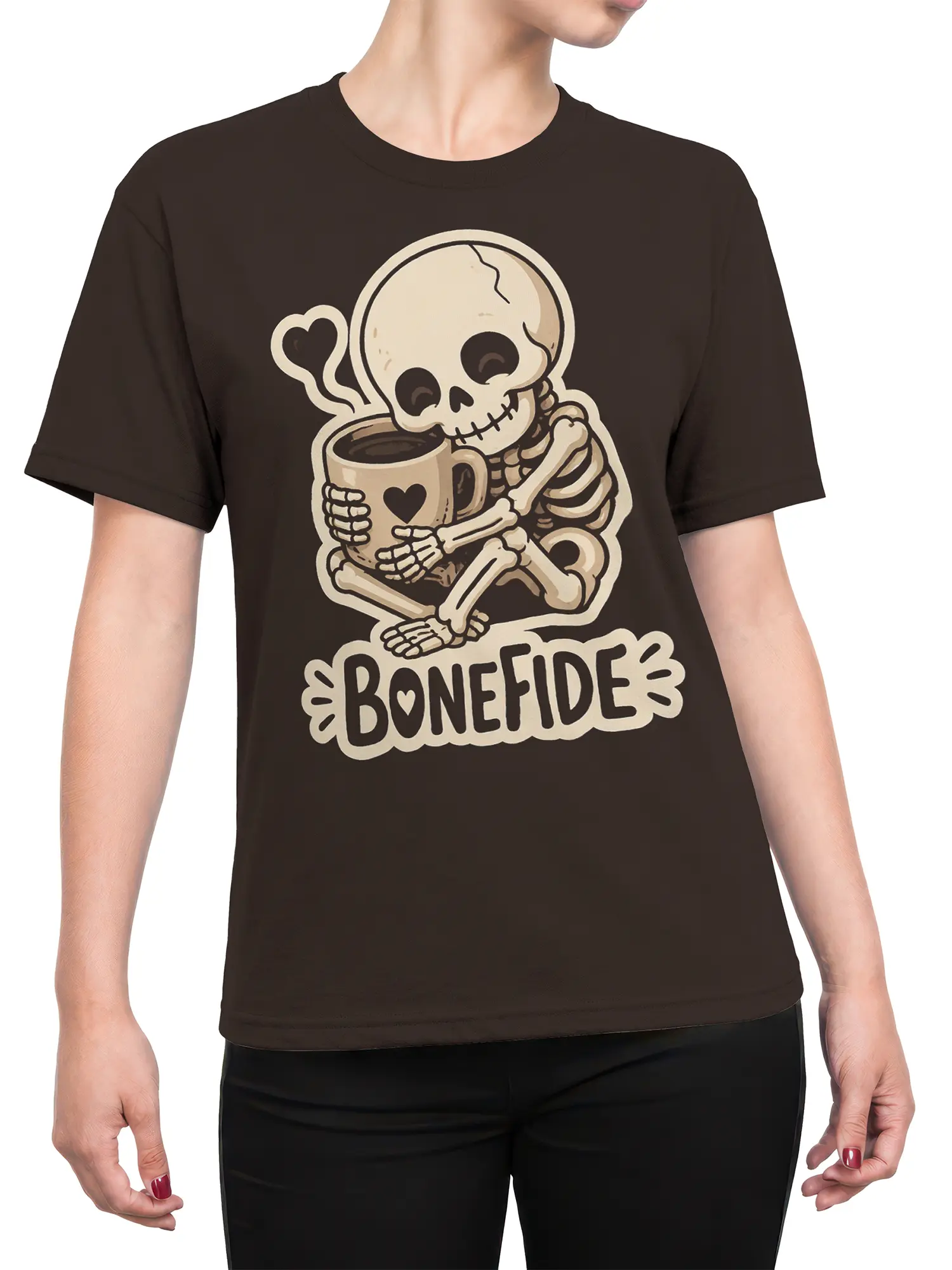 Female torso wearing a brown T-shirt with a skeleton coffee mug design and Bonefide lettering