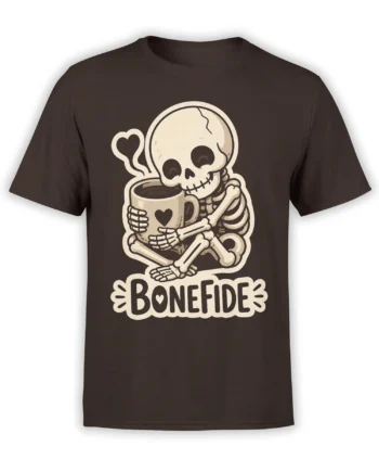 Brown T-shirt with a skeleton hugging a heart-decorated coffee mug and bold Bonefide lettering
