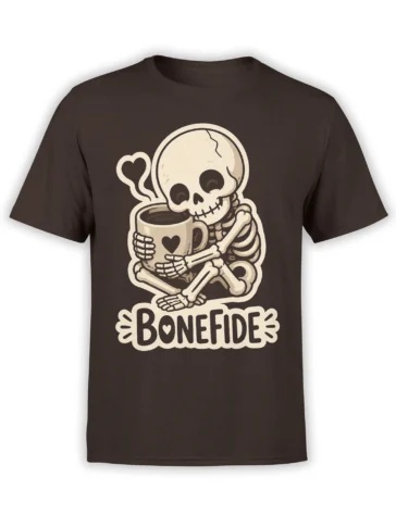 Brown T-shirt with a skeleton hugging a heart-decorated coffee mug and bold Bonefide lettering