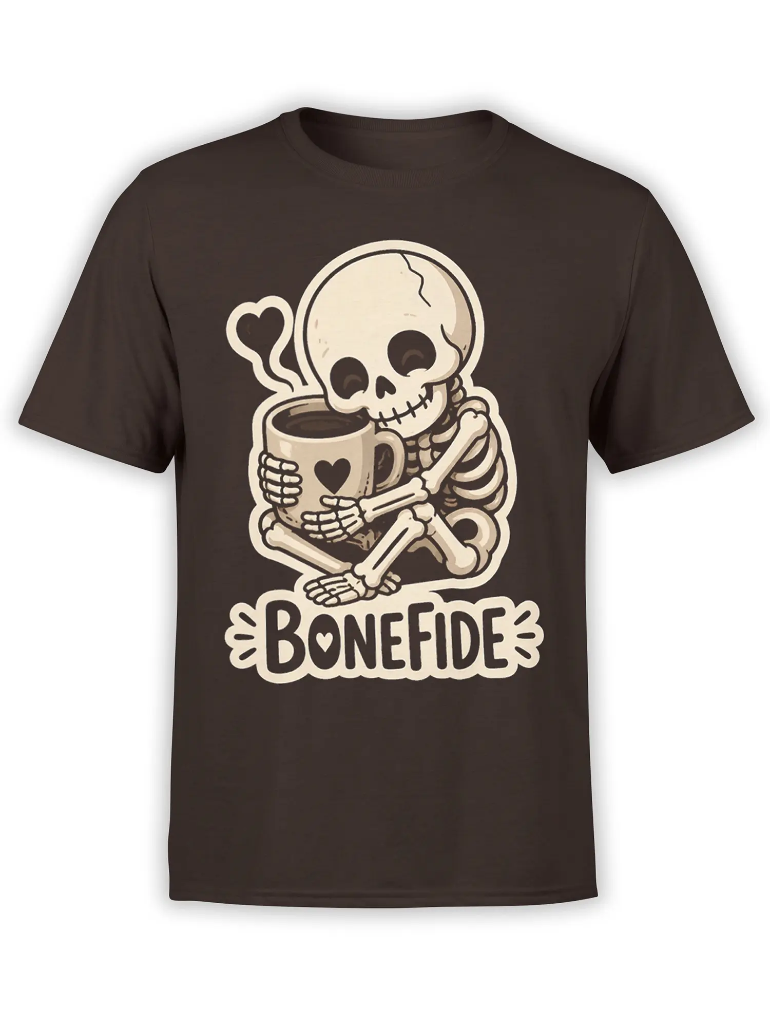 Brown T-shirt with a skeleton hugging a heart-decorated coffee mug and bold Bonefide lettering