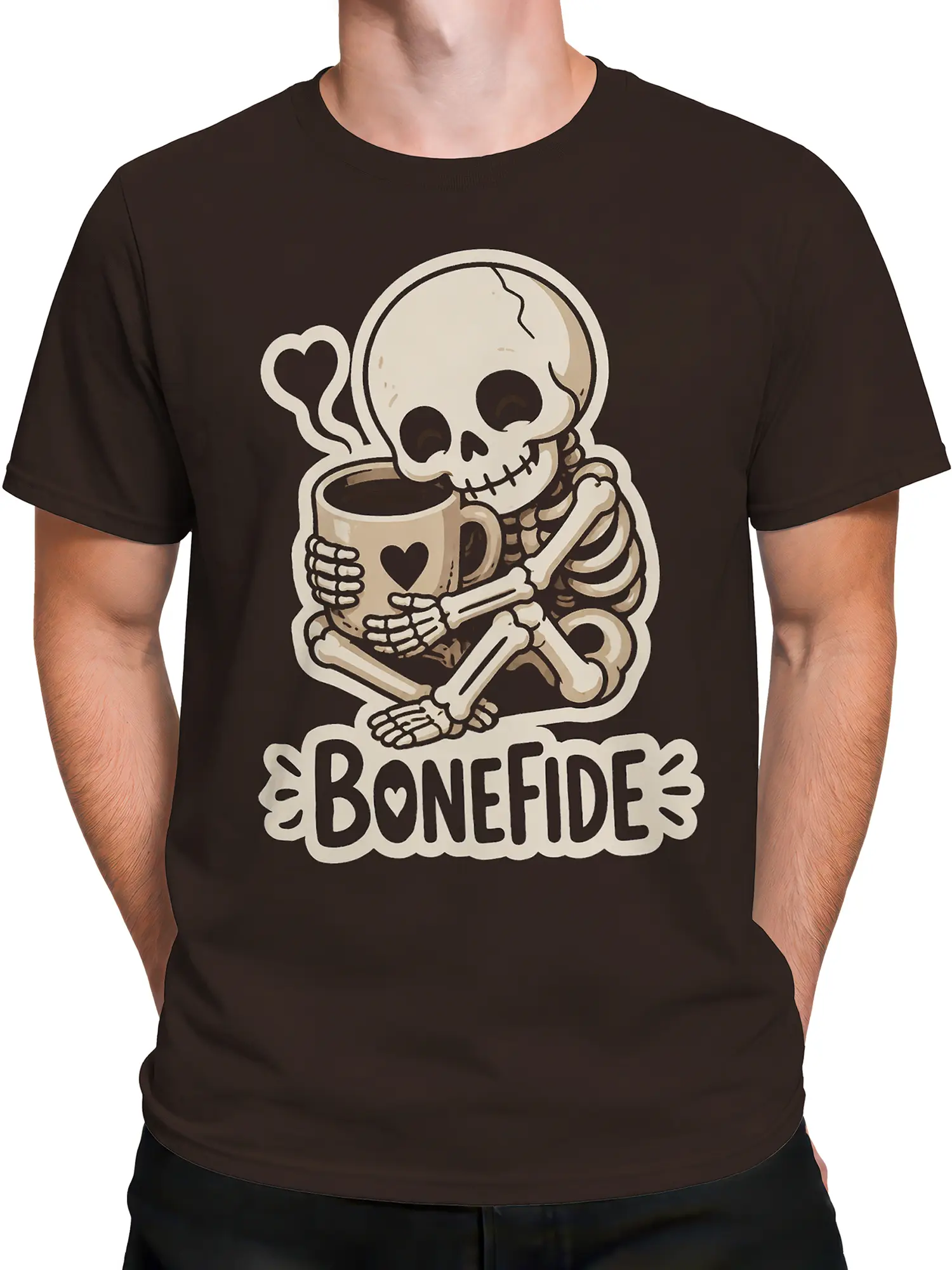 Male torso wearing a brown T-shirt with a skeleton hugging a coffee mug