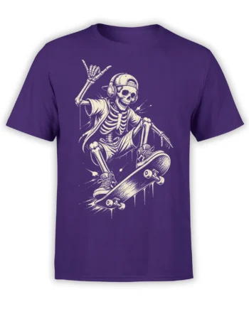 Purple T-shirt with cream skeleton skateboarder wearing headphones, a cap, sneakers, and riding a skateboard