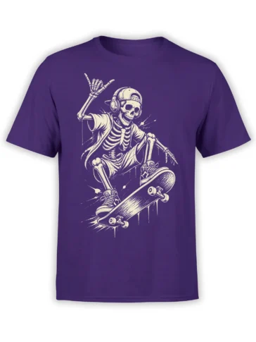 Purple T-shirt with cream skeleton skateboarder wearing headphones, a cap, sneakers, and riding a skateboard