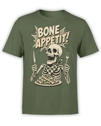 Olive skeleton dinner T-shirt with “BONE APPETIT!” text, knife, fork, scarf, and a plate of bones