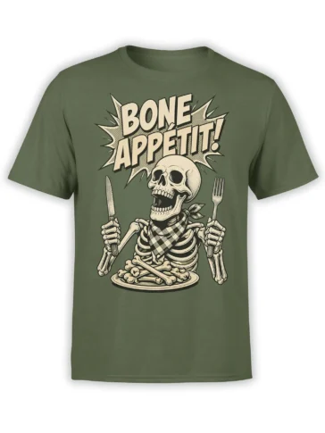 Olive skeleton dinner T-shirt with “BONE APPETIT!” text, knife, fork, scarf, and a plate of bones