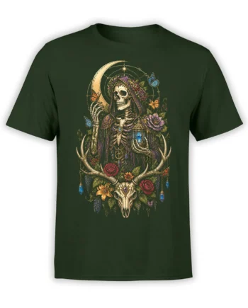 Dark green T-shirt with a hooded skeleton, crescent moon, flowers, butterflies, antlers, and blue crystal