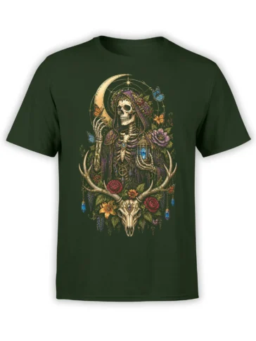 Dark green T-shirt with a hooded skeleton, crescent moon, flowers, butterflies, antlers, and blue crystal