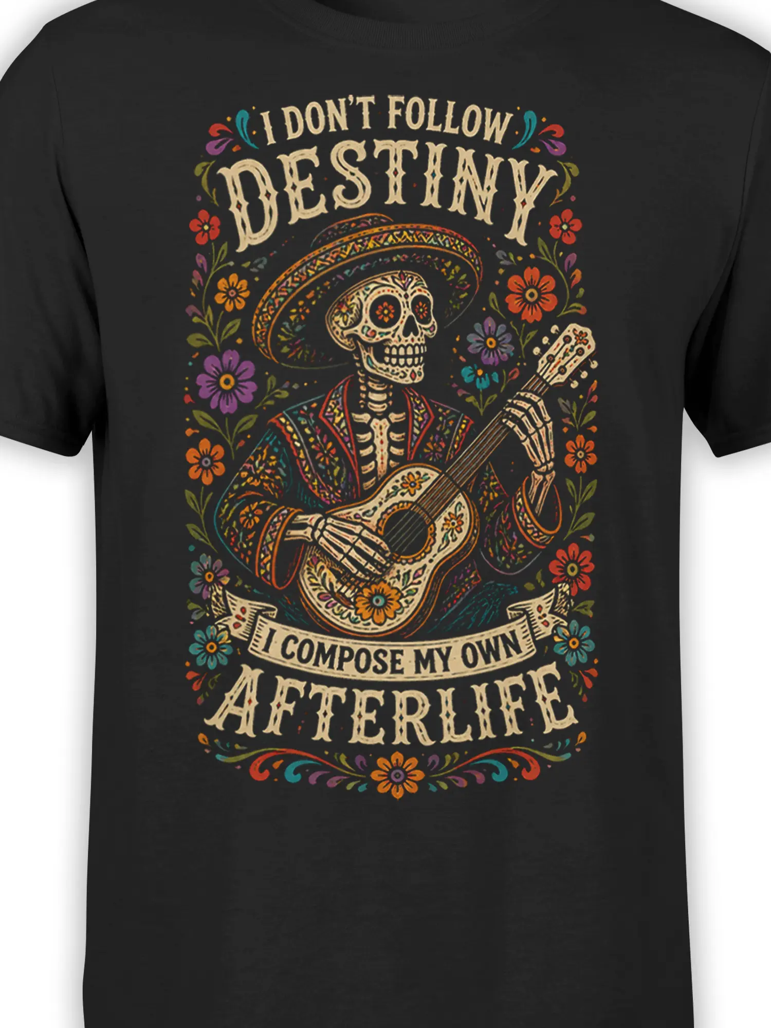 Close-up of skeleton guitarist artwork with ornate guitar, floral details, sombrero, and vintage lettering on black fabric