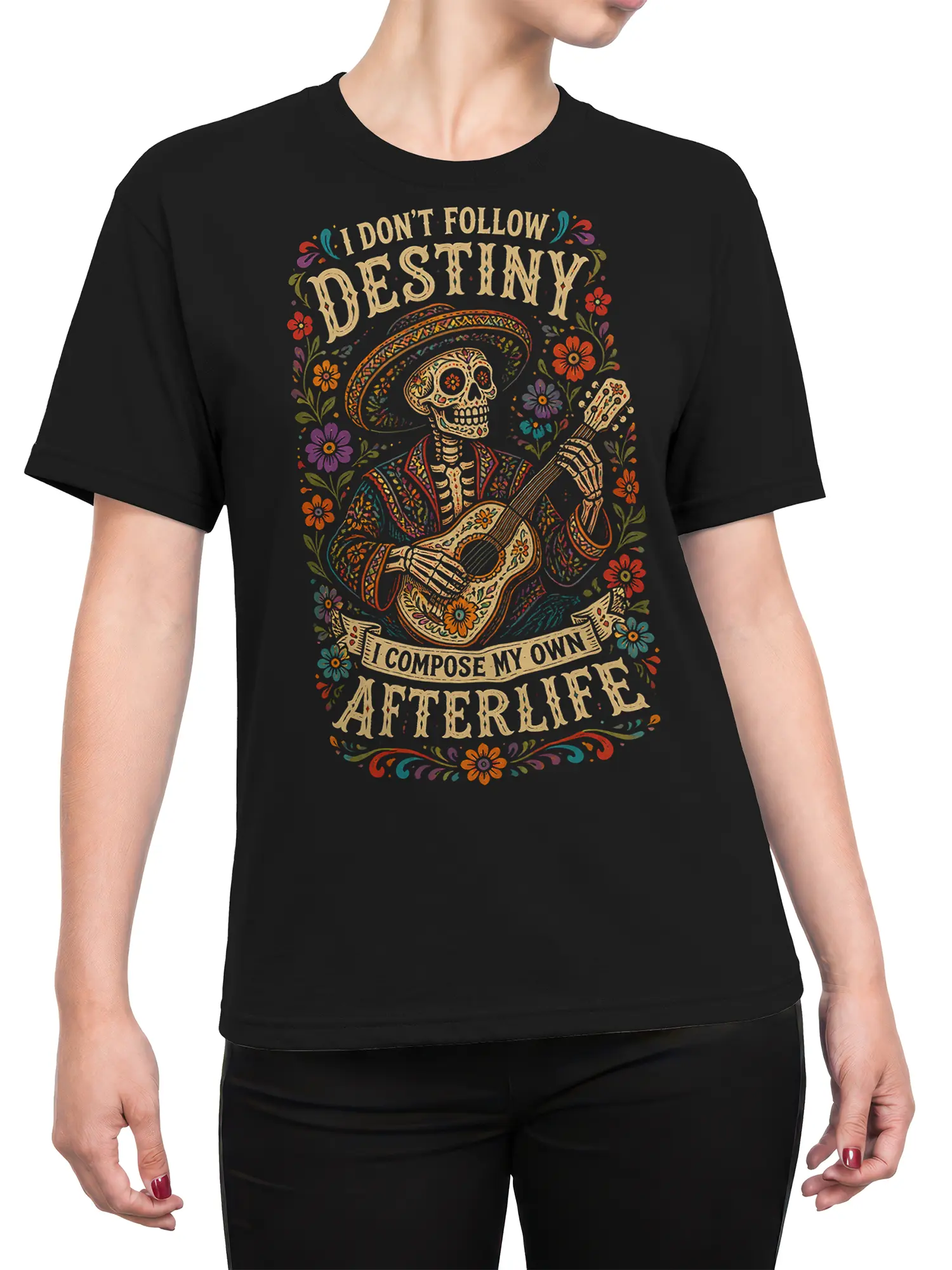 Female torso wearing a black skeleton guitarist T-shirt with colorful flowers and vintage afterlife artwork
