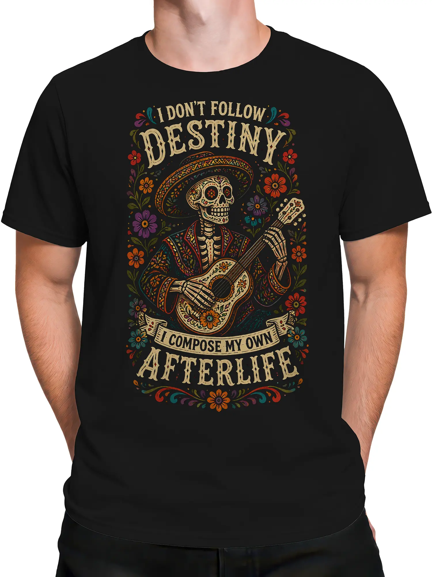 Male torso wearing a black skeleton guitarist T-shirt with floral folk-art details and afterlife lettering