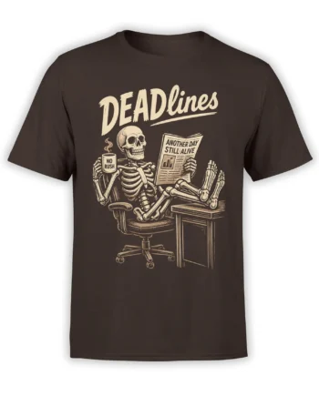 Dark brown skull T-shirt with a relaxed skeleton, coffee mug, newspaper, and bold deadline lettering