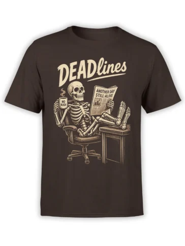 Dark brown skull T-shirt with a relaxed skeleton, coffee mug, newspaper, and bold deadline lettering