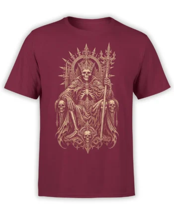 Burgundy skull t-shirt with a crowned skeleton seated on an ornate throne and holding a staff