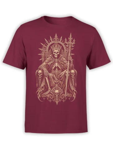 Burgundy skull t-shirt with a crowned skeleton seated on an ornate throne and holding a staff