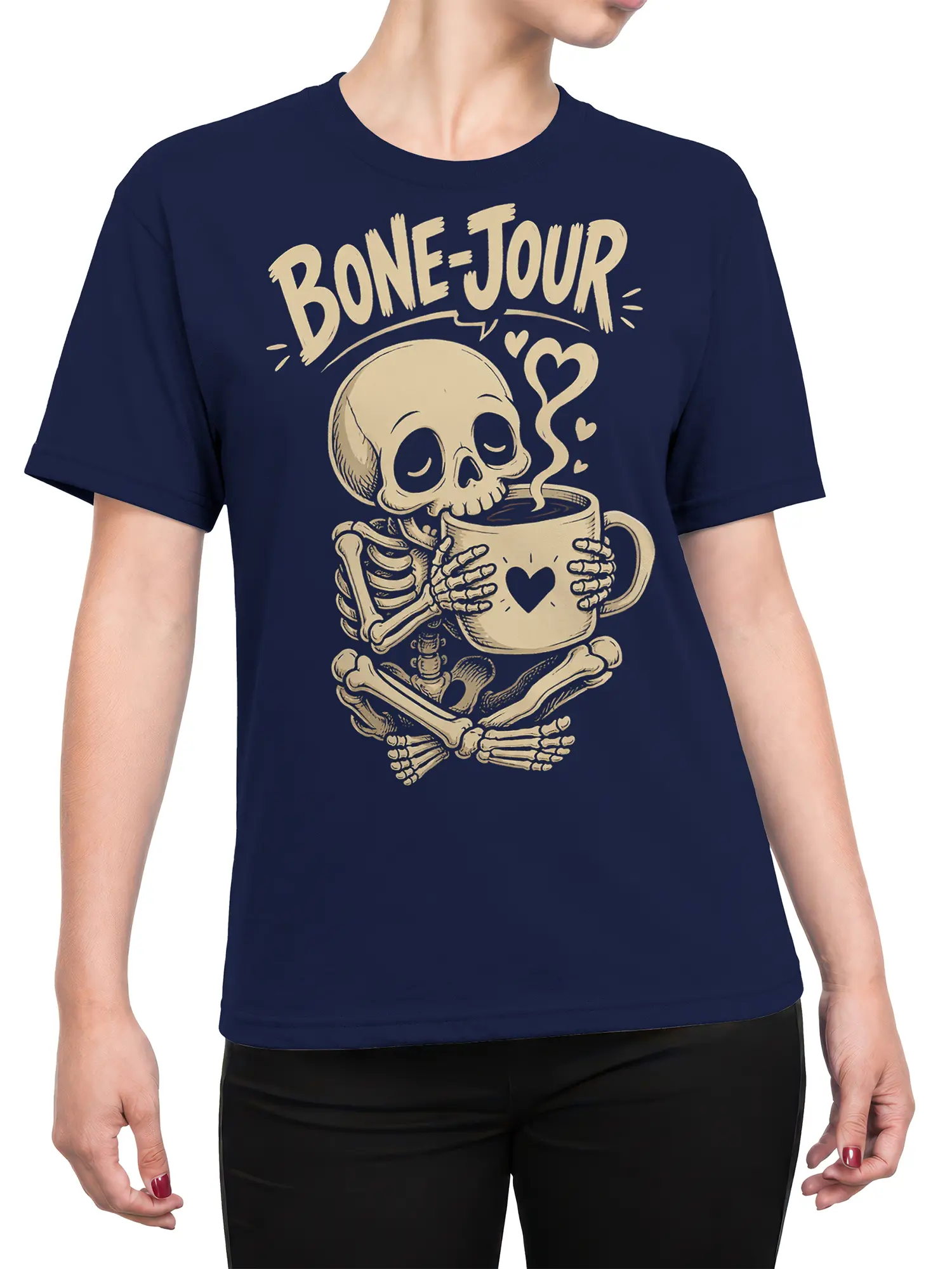 Female torso wearing a navy skeleton coffee t-shirt with a heart mug and vintage “BONE JOUR” design
