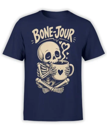 Front view of navy skeleton coffee t-shirt with heart mug, crossed bones, and “BONE JOUR” lettering