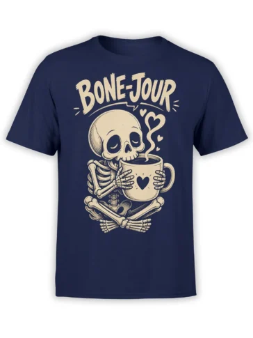 Front view of navy skeleton coffee t-shirt with heart mug, crossed bones, and “BONE JOUR” lettering