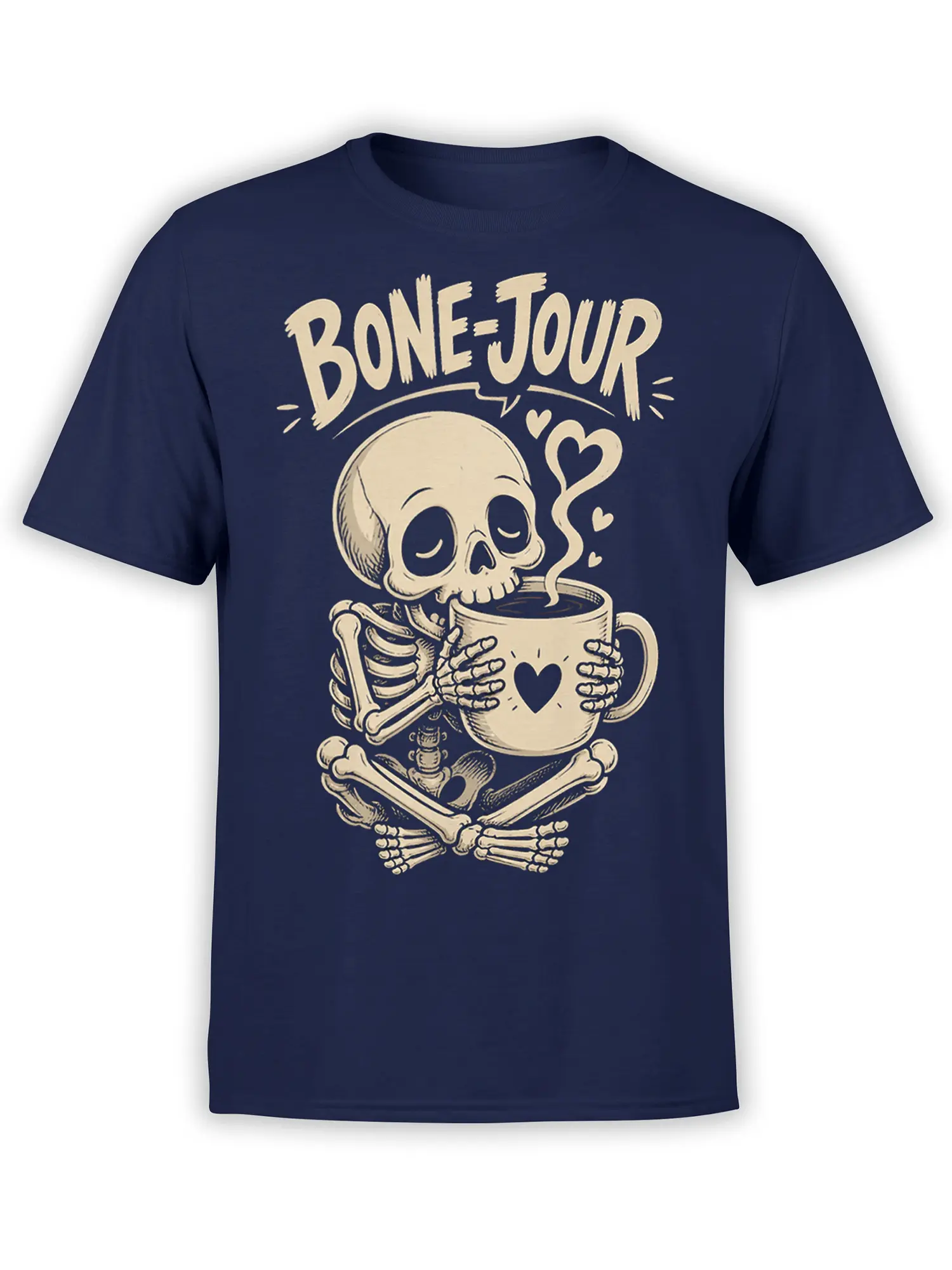 Front view of navy skeleton coffee t-shirt with heart mug, crossed bones, and “BONE JOUR” lettering