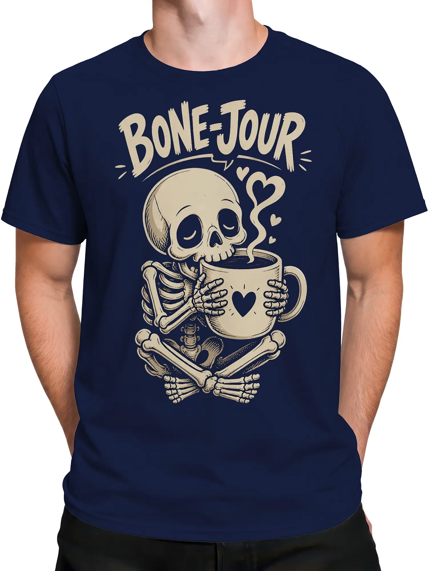 Male torso wearing navy skeleton coffee t-shirt with cream skull artwork and heart-decorated mug