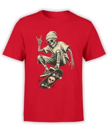 Red T-shirt with a vintage skeleton skateboarder wearing sunglasses and a beanie on a skull skateboard