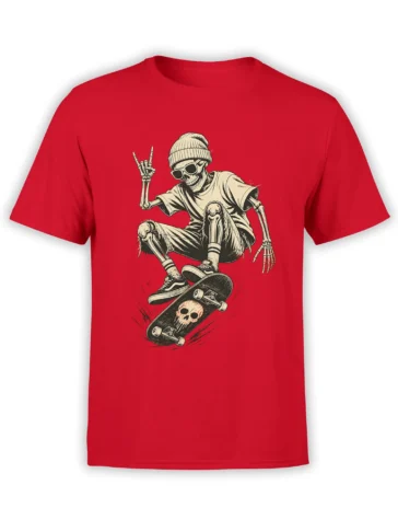 Red T-shirt with a vintage skeleton skateboarder wearing sunglasses and a beanie on a skull skateboard