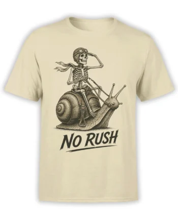 Beige T-shirt with a vintage skeleton in goggles riding a snail above bold "NO RUSH" lettering