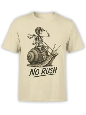 Beige T-shirt with a vintage skeleton in goggles riding a snail above bold "NO RUSH" lettering