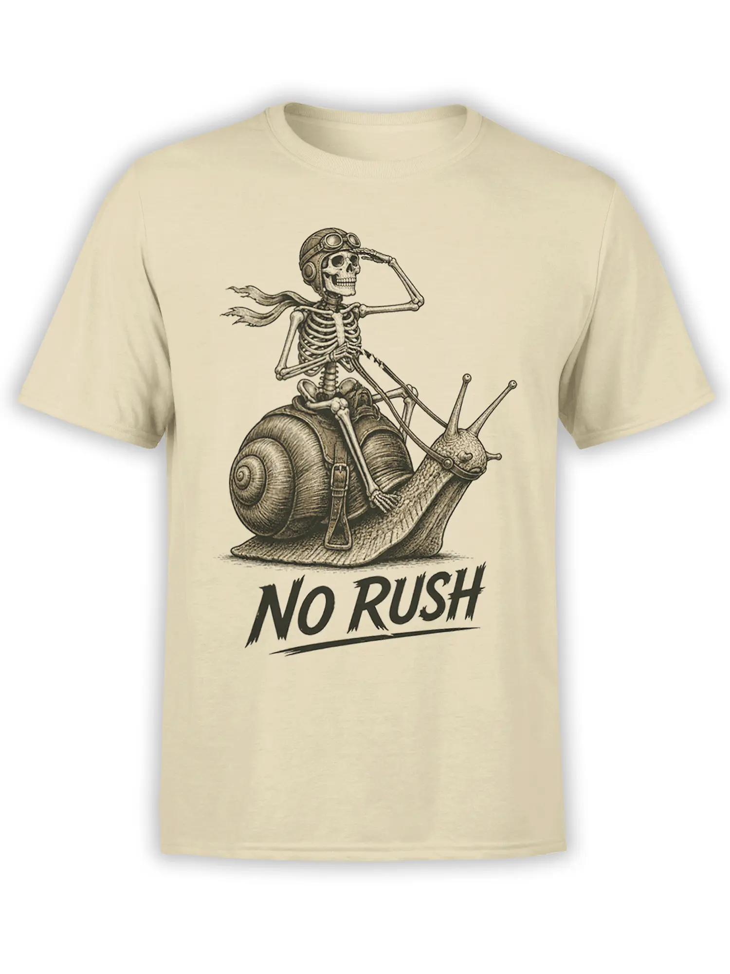 Beige T-shirt with a vintage skeleton in goggles riding a snail above bold "NO RUSH" lettering