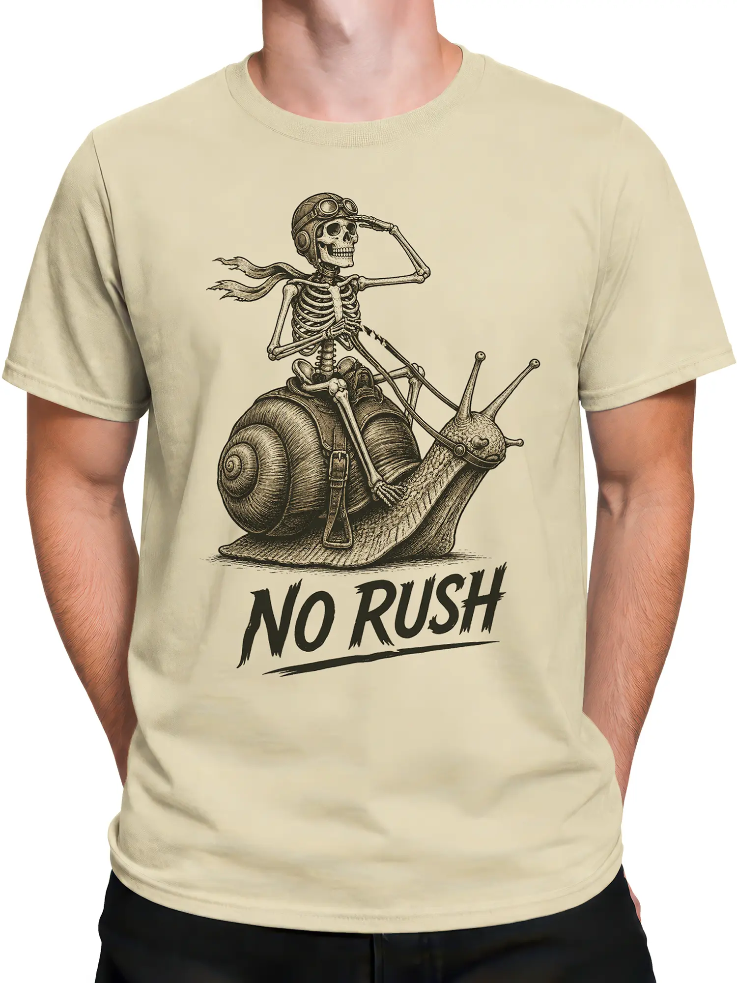 Male torso wearing a beige skeleton snail T-shirt with vintage "NO RUSH" artwork