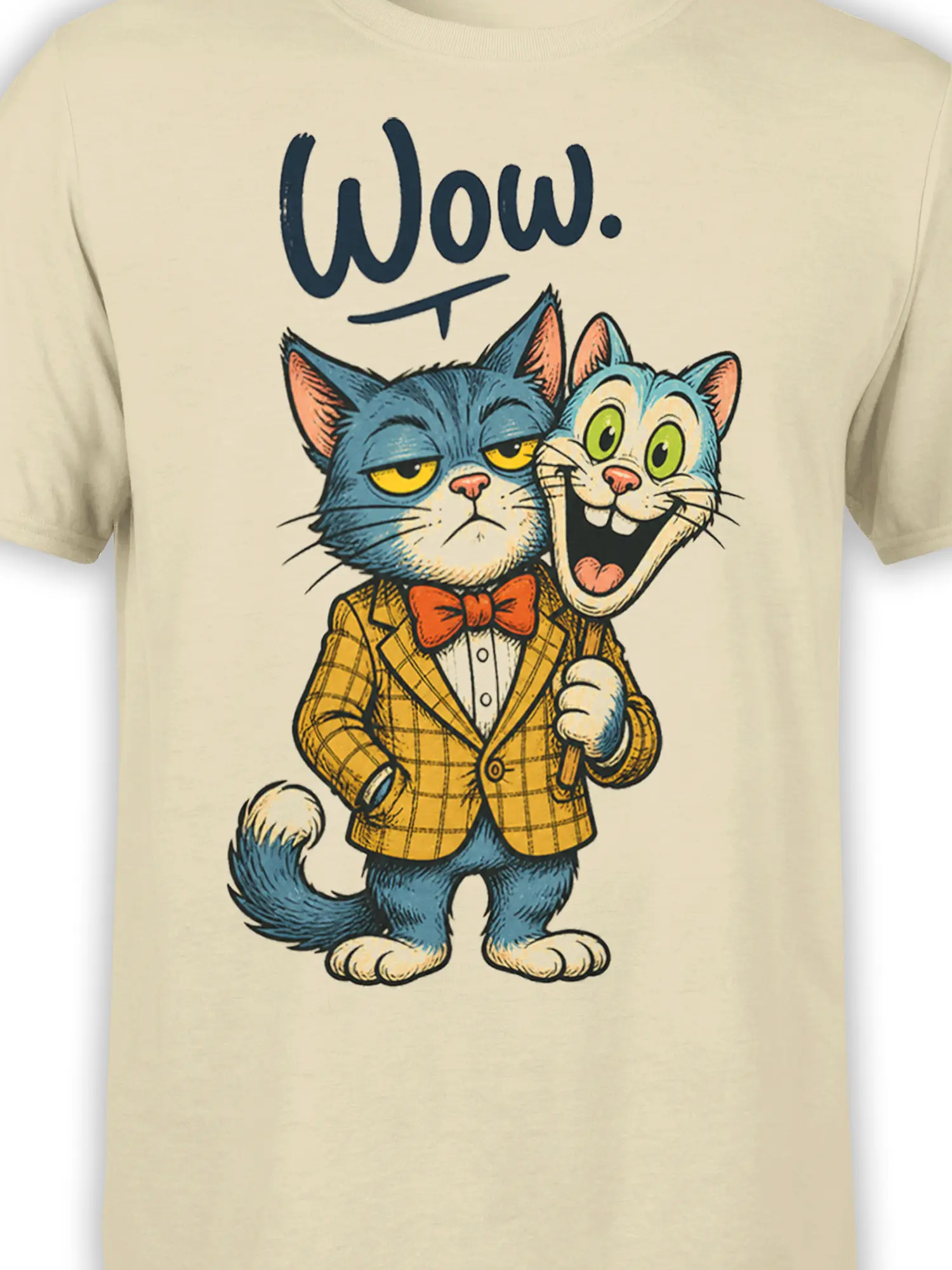 Close-up of grumpy and cheerful cats in plaid jackets with bow ties on a beige graphic tee