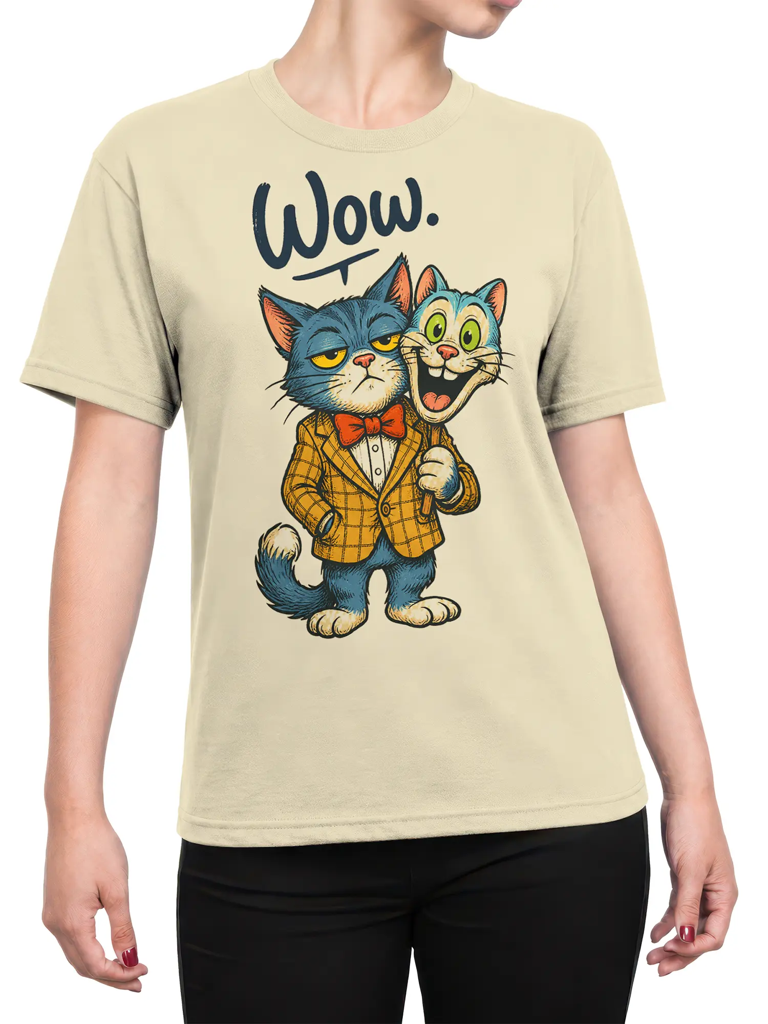 Female torso wearing a beige T-shirt with two expressive cats in plaid jackets and red bow ties