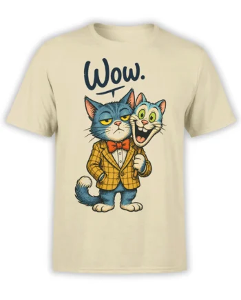 Two expressive cats in plaid jackets and red bow ties on a beige cat T-shirt with “Wow.” text