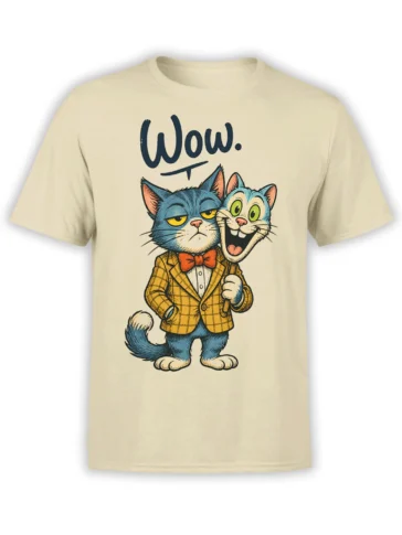 Two expressive cats in plaid jackets and red bow ties on a beige cat T-shirt with “Wow.” text