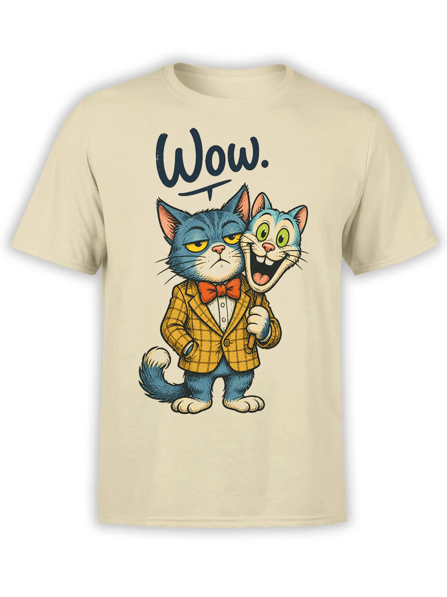 Two expressive cats in plaid jackets and red bow ties on a beige cat T-shirt with “Wow.” text