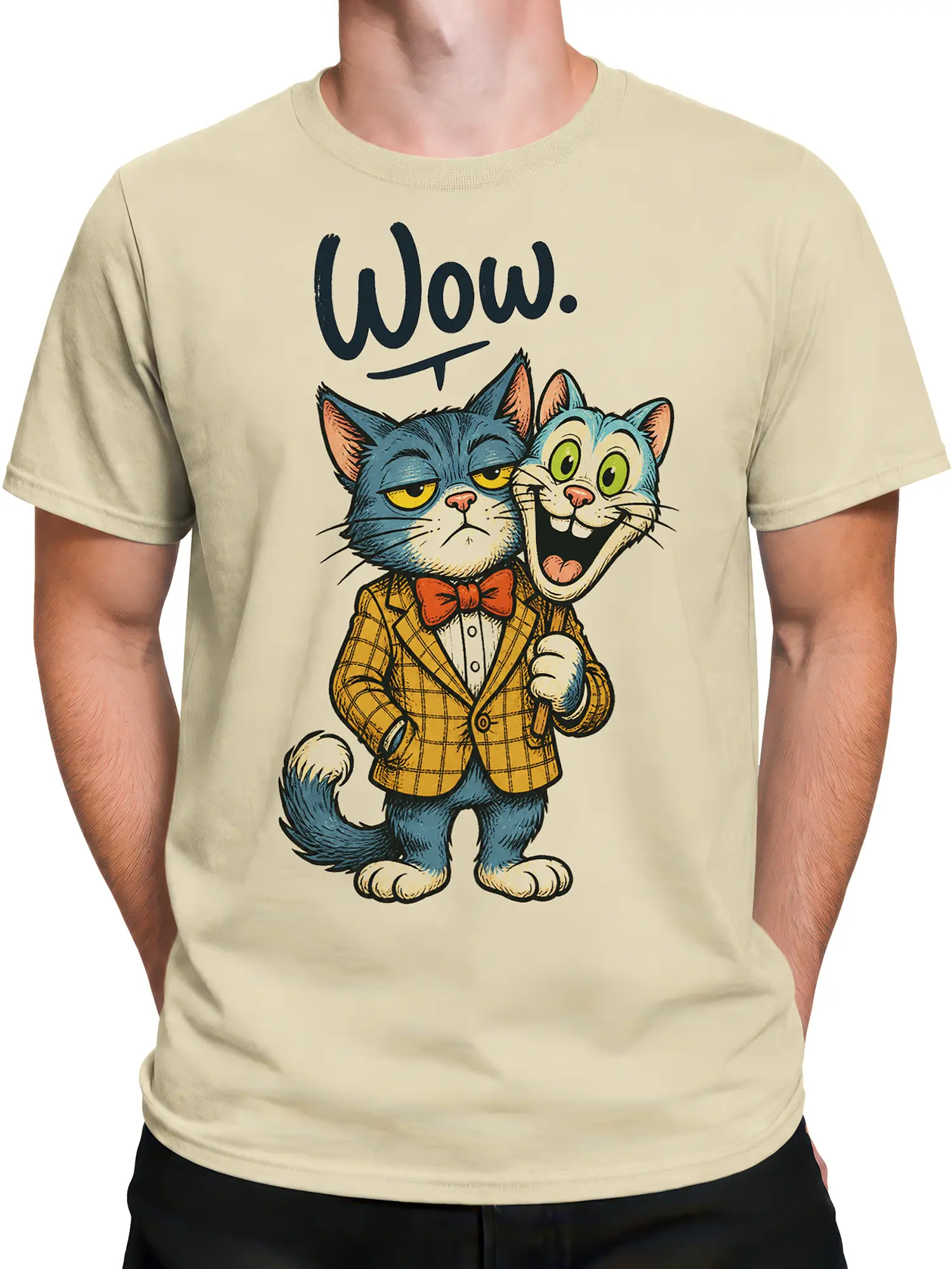 Male torso wearing a beige cat T-shirt with grumpy and cheerful illustrated felines