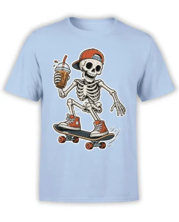 Light blue T-shirt with a grinning skeleton skateboarder holding iced coffee and wearing red sneakers