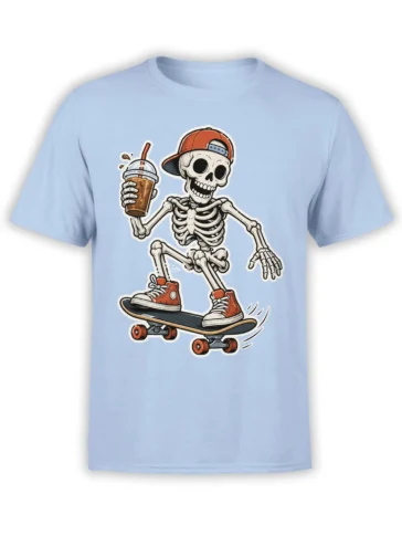 Light blue T-shirt with a grinning skeleton skateboarder holding iced coffee and wearing red sneakers