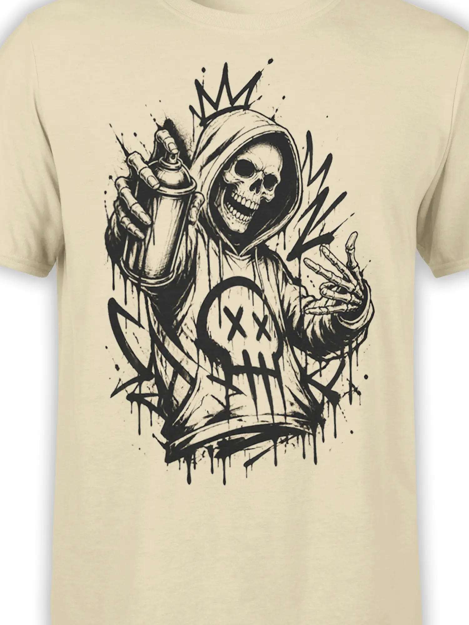 Close-up of crowned skeleton and spray can graphic printed in black on a beige T-shirt
